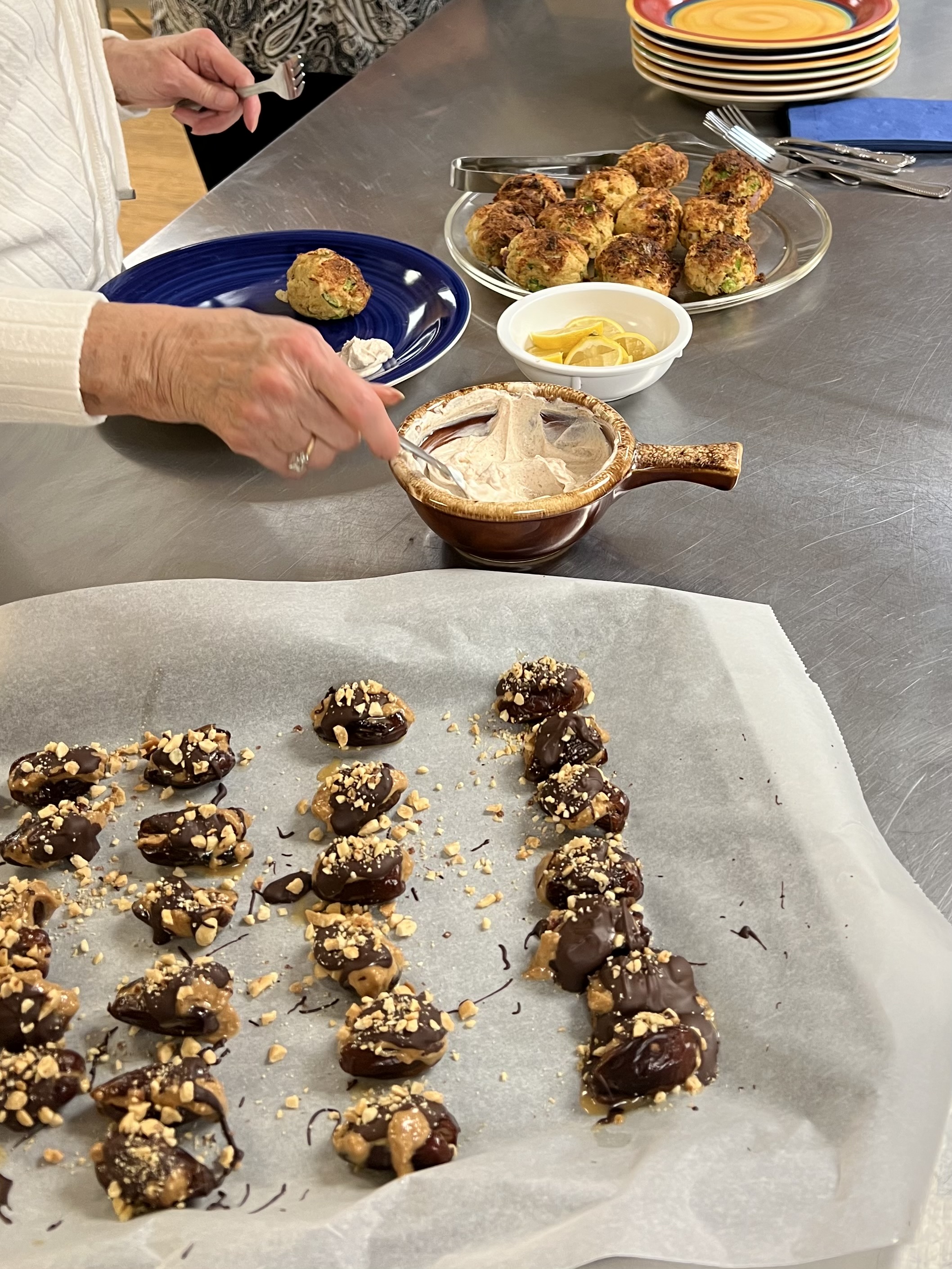 Cooking for weight loss class recipes including cooking for weight loss- air fryer fish croquets with a yogurt and cayenne tarter sauce and peanut butter and chocolate stuffed dates.